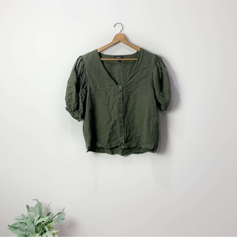 [Express] Dark Olive Green Short Puff Sleeve Button Down Linen Blend Top